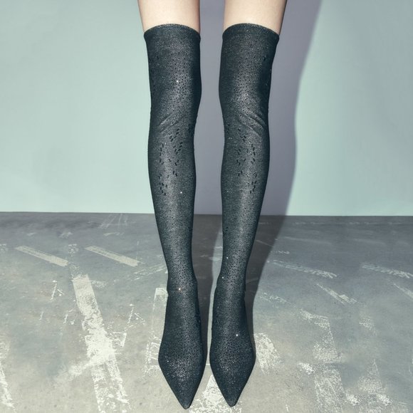 Zara black metallic over the knee point toe kitten heel fabric boots - Picture 4 of 6